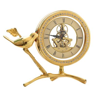 China Antique Modern Luxury Golden Accessories Home Decor Metal Bird Clock Home Decor Brass Table Clocks for sale