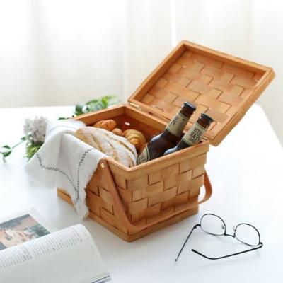 China Modern handcrafted woven wood scrap knitting portable retro style fruit food picnic storage basket wholesale for sale