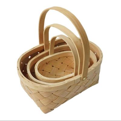 China Rustic Folding Waste Wood Storage Basket With Handle Woven Household Gift Baskets For Women Picnic Basket Food Box for sale