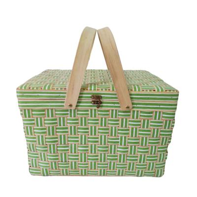 China Sustainable Braided Wood Waste Double Layer Picnic Basket With Lid Mixed Color Fruit Basket Household Storage Basket for sale