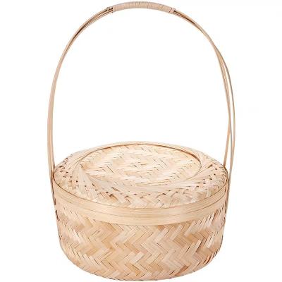 China Sustainable Bamboo Basket Basket Storage Gift Tea Coffee Basket With Lid And Handle for sale