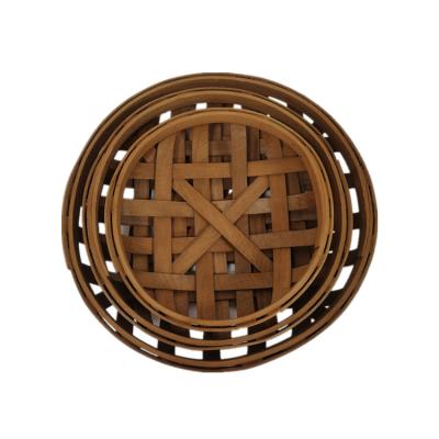 China Luxury Round Set 3 Large Tobacco Wood Baskets For Rustic Living Room for sale