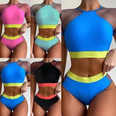 China Breathable Sports Bra Two Piece Swimwear Women Mesh Short Sleeve Beachwear Top Swimwear for sale