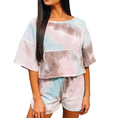 China QUICK DRY Tie Dye Women Salon Wear Sets Short Sleeve Casual Fashion Printed Woman Sleepwear Cotton Set Lounge Wear Set for sale