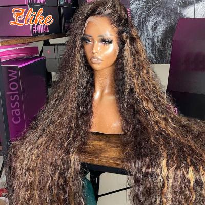 China Deep Curly Honey Blonde Human Hair Pre Plucked Frontal Wigs Brown Transparent 13x4 Lace Frontal Wigs Body Wave Balayage Highlight Wig for sale