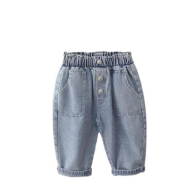 China 2021 Light Blue Loose Autumn Grin Baby Denim Pocket &bear Jeans QUICK DRY Little 2 Years Old Little Girls Clothes Jeans Set Kid Gir for sale