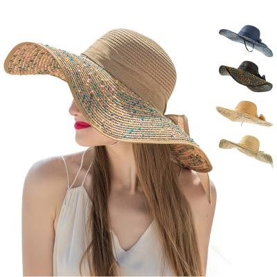 China Wholesale Summer Striped Women's Big Bowknot Straw Hats Wide Floppy Foldable Wrap Brim Wide Straw Hats Beach CapSummer Beach Hats for sale