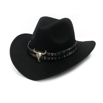 China Western Cowboy Top Hat Autumn Winter Woolen Jazz Hat High Quality Metal Bullhead Daily Life Felt Cowboy Hat for sale