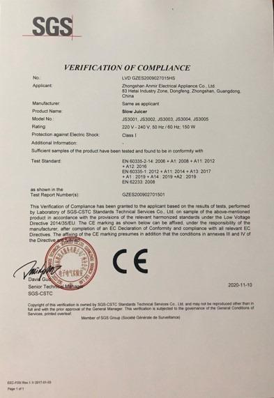 CE - Zhongshan Anmir Electrical Appliance Industrial Co., Ltd.