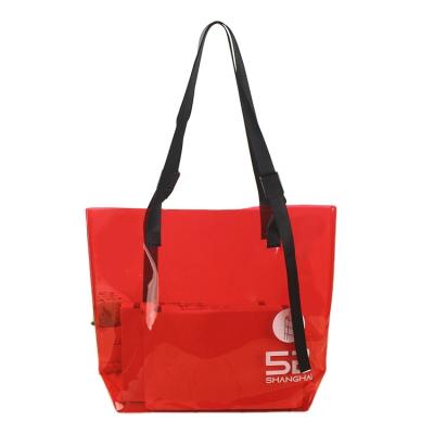 China 2021 Fashion Large Plastic Handled Tote Bag Clear Beach Bag Plastic Transparent Shopping Bag With Own Logo for sale