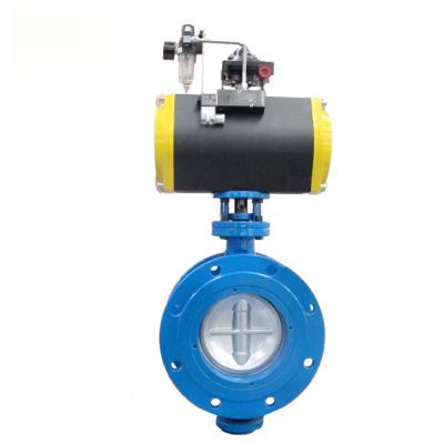 China Metal Graphite Pneumatic Actuator Sewage Three Seat Hard Eccentric 3 Seat Butterfly Valve for sale