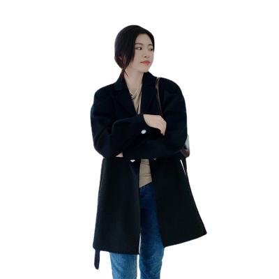 China Autumn Korea Style Double Faced Wool Winter Wool Cashmere Coat Women's Black Coat Viable With Belt for sale