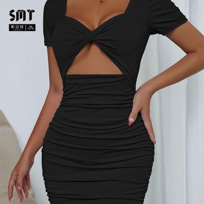 China 2022 New Fashion Amazon V-Neck Wholesale Smart Hip Hollow Anti-Wrinkle Hip Hollow Skirt Sexy Women's New Fashion Short Sleeve Dress for sale