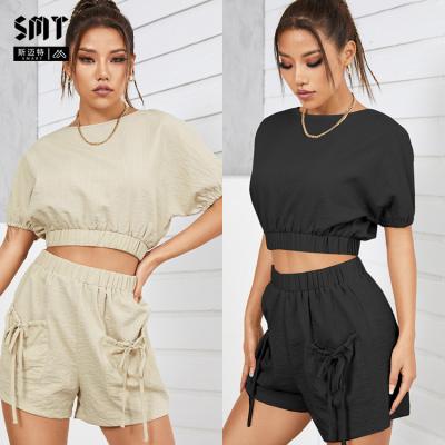 China Summer Anti-Wrinkle Smart Hot Selling Cotton Canvas Ladies Knotted Casual Tops And Shorts Set for sale