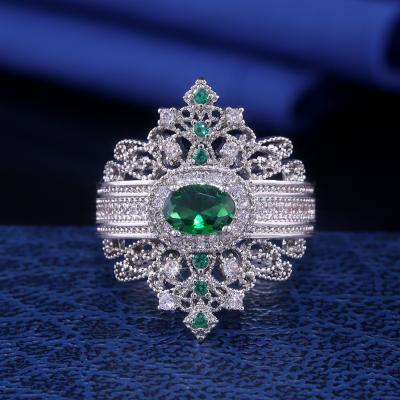 China TRENDY Retro Style Jewelry Silver Color Plated Ring Palace Trendy Wind Inlaid Green Diamond Ring New For Women for sale