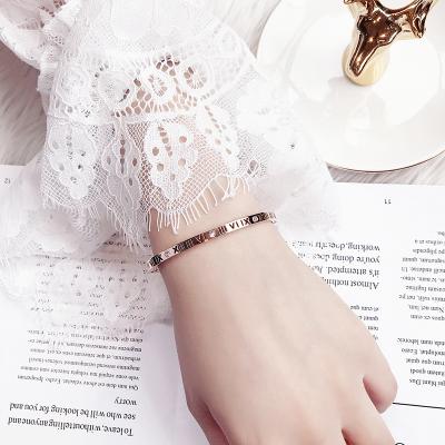 China Unique Vintage Design High Quality Hot Selling Rose Gold Roman Numeral Stainless Steel Couple Bangle Bracelet For Women Men for sale