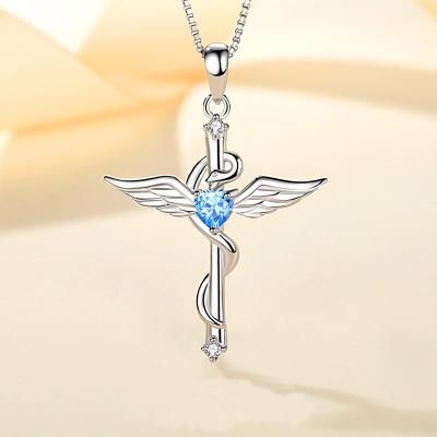 China Hot Sale FASHIONABLE S925 Sterling Silver Necklace Angel Wings Luxury Cross Frame Pendant Inlaid CZ Jewelry Necklace For Girl Women for sale