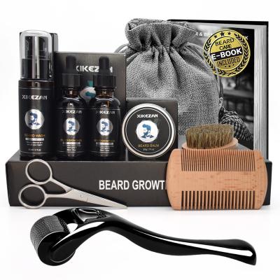 China DEEP CLEANSING for Men Gentle Christmas Gift Set Beard Growth Kit w/ Derma Roller Comb Brush Growth Oils Beard Care Groming Kit Beard Growth Kit for sale