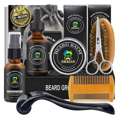 China Fashion Style DEEP CLEANSING Men Beard Growth Set w/ Derma Roller Brush Comb Growth Serum Oil Balm Beard Care Grooming Kit Beard Growth Kit for sale