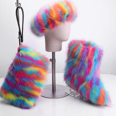 China New Design Waterproof Women's Colorful Faux Fox Fur Snow Boots Sets Matching Purse And Headband Boots for sale