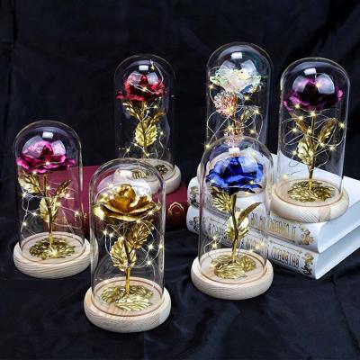 China Natural Touch Durable Natural Goods 24K Gold Foil Led Lighting Eternal Preserved Mother Of Rose Eternal Artificial Flowers In Angel Glass Cover Wedding Christmas for sale