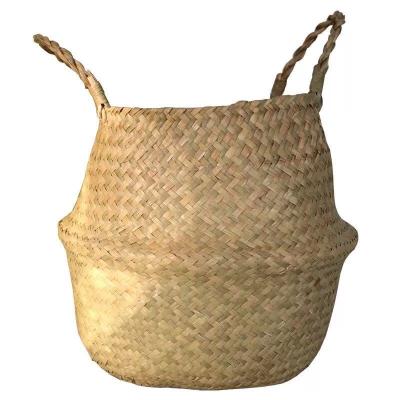 China Folding Straw Woven Seagrass Belly Storage Flower Plants Basket Natural Multi Planter Indoor Outdoor Storage for sale