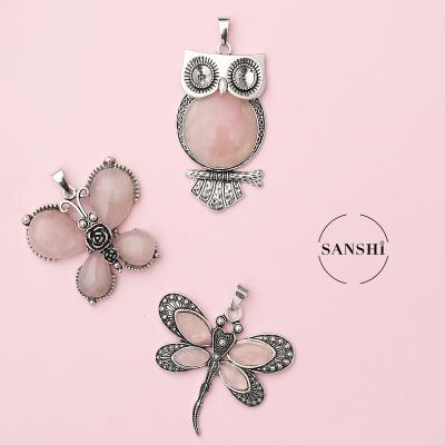 China Wholesale Zinc Alloy Inlaid Stone Dragonfly CLASSIC Owl Pendant Rose Quartz Butterfly Pendant for sale