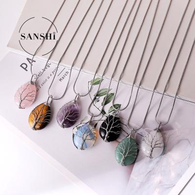 China CLASSIC Handmade Gemstone Multi Colored Drop Shape Brass Wire Wrap Tree Of Life Pendants For Jewelry Making for sale