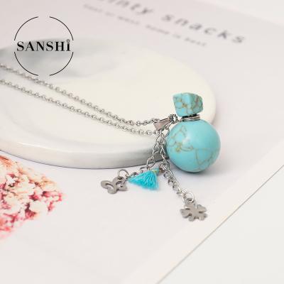 China CLASSIC Hot Sale Mini Natural Gem Stone Perfume Bottle Round Shape Steel Chain Necklace Oil Pendant Necklace for sale