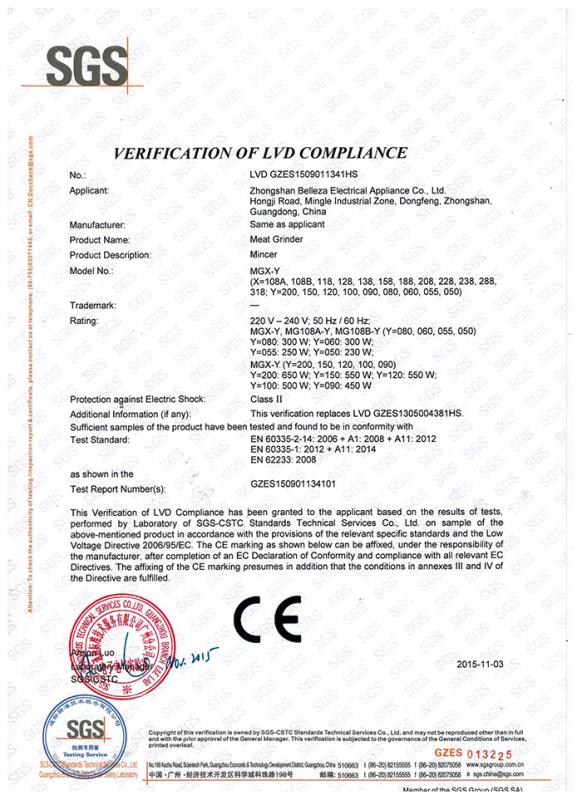 CE - Zhongshan Belleza Electrical Appliance Co., Ltd.