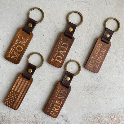 China Key Ring Key Chain Custom Laser Engraving Wood Large Wooden Leather Key Chain Gift Parents Friends Gift for sale