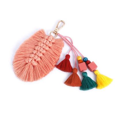 China New Design Bohemian Decoration Big Leaf Shape Keyring Rainbow Multilayer Tassels Keychains for sale