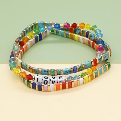 China Handmade Fancy FASHIONABLE Crystal Seed Beads Acrylic Love Natural Rainbow Color Beaded Double Layers Bracelet for sale