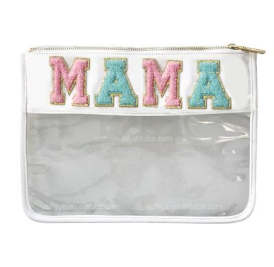 China Mom Embroidery Letter PVC Makeup Waterproof Nylon Pocket Bag Travel Monogram Cosmetic Bag for sale