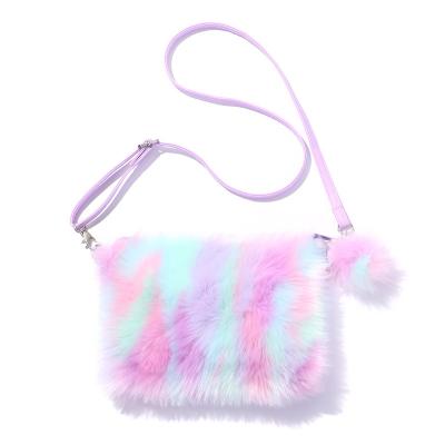 China Other Winter Tie Dye Graduated Coral Down Pom Pom Pendant Fluffy Kids Shoulder Bag for sale