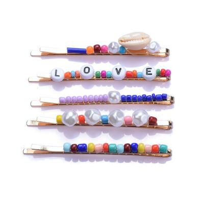 China Decorate Love Letters Acrylic Shell Pearl Seed Beads Hairpins Hair Clip Set for sale