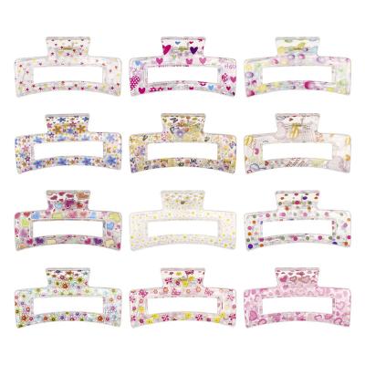 China Fashion Flower Printing Hair Claw Clips Transparent Color Plastic Rectangle Candy Hair Claw Clip for sale