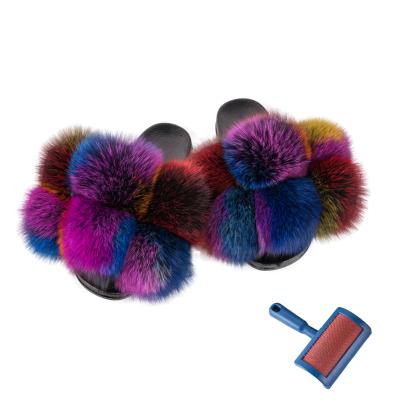 China Breathable Cute Colorful Fox Fur Slides Fluffy Multicolor Fluffy Pom Pom Balls Fluffy Slippers for sale