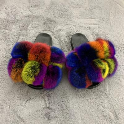 China Large Customization Fox Fur Ball Slides Breathable Wholesale for sale