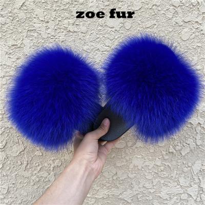 China Wholesale Custom Logo Luxury Fox Fur Slippers Breathable Freeze Bag Blue Women Smudge Fur Slippers Raccoon Fur Slides for sale