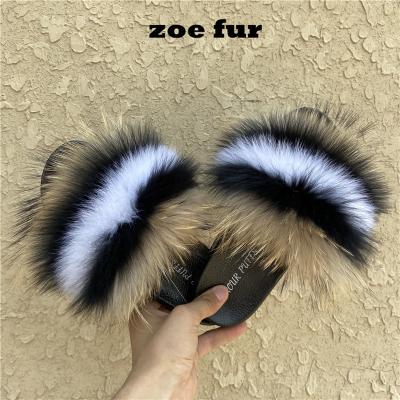 China 2020 NEW fashion breathable real fur fox fur slides womenslides raccoon fur slippers breathable for sale