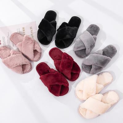 China Fashion Trend Winter Women Bedroom Slippers Faux Fur Fashion Shoes Woman Warm Slip On Flats Female Black Pink Comfortable Home Hairy Slippers for sale