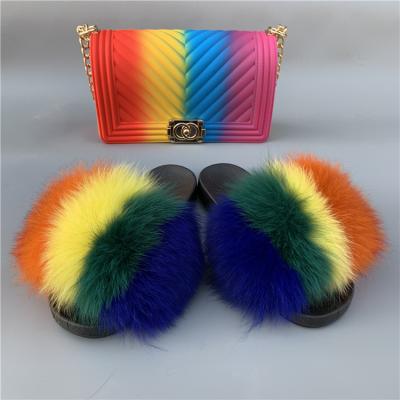 China 2020 Latest Breathable Real Fur Sandals And Slippers Fox Fur Slides With Jelly Handbag Suit Fashion Fur Slippers And Wallet Suit Warmest for sale