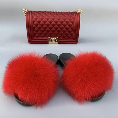 China Breathable Women Shoes Slippers Matte Colorful Jelly Bags Shoe Flip Flops Fluffy Slippers Sets Fox Fur Slides for sale