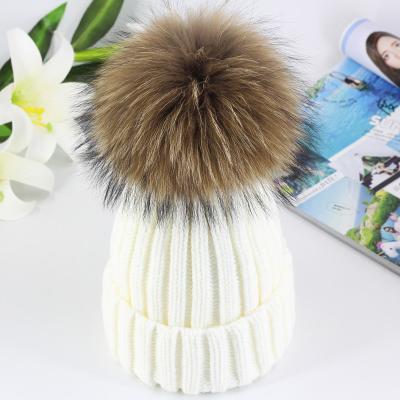 China breathable & Waterproof 2020 winter new ladies raccoon fur ball wool hat parent-child leisure knitted hat thick striped outdoor really big wholesale for sale