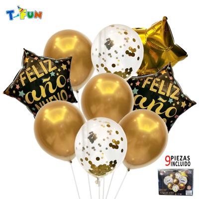 China Happy New Year party decoration foil balloon set in Spanish in gold and black color with confetti for sale