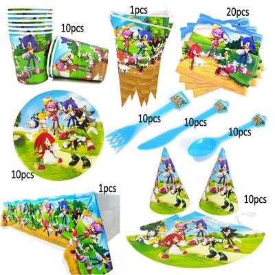 China Disposable Sonic Paper Cup Shop Tablecloth Balloon Theme Birthday Flag Party Decoration for sale