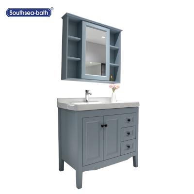 China 34 Inch Modern Light Green Gray Oak Solid Wood Bathroom Vanity Cabinet With Porcelain Ceramic Sink for sale