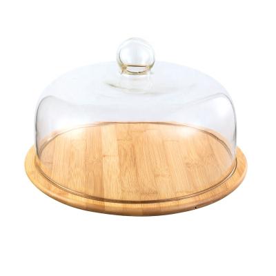 China Sustainable Modern Bamboo Cake Dish Dessert Table With Glass Cover And Bamboo Tray For Kitchen And Canteen for sale