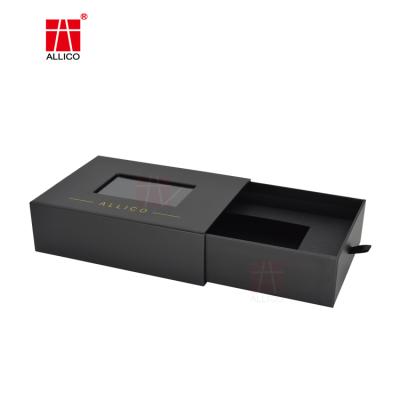 China Hot Stamping Recyclable Luxury Custom Logo Gift Slide Drawer Cardboard Sliding Gift Box Packaging With Clear PVC Window for sale